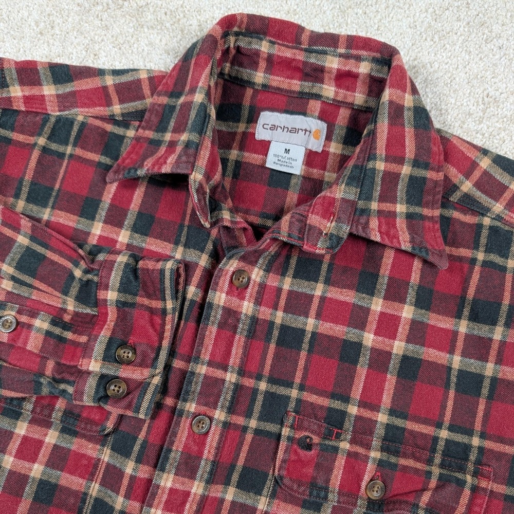 Carhartt Shirt Mens Medium Red Plaid Flannel Button Down Workwear Casual Logo